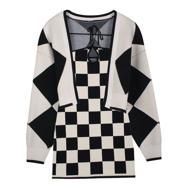 Checkered Knit Dress & Cardigan Set - Vedlit