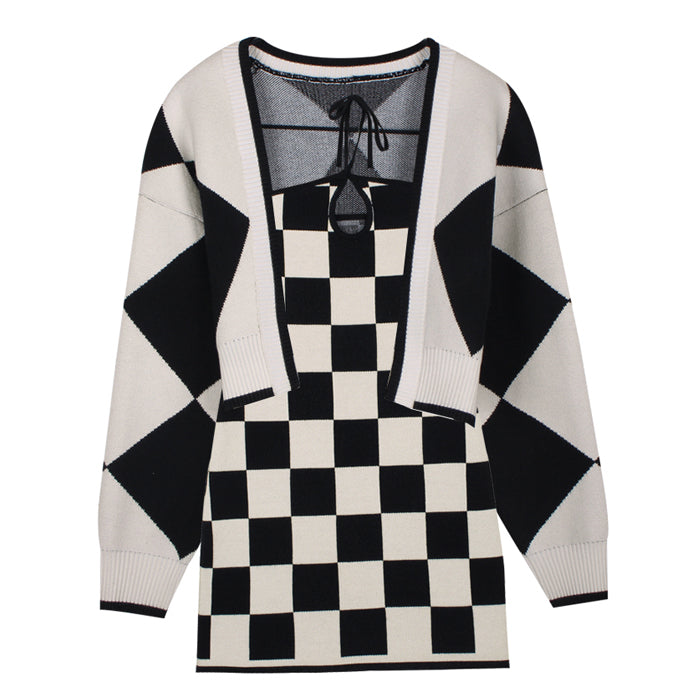 Checkered Knit Dress & Cardigan Set - Vedlit