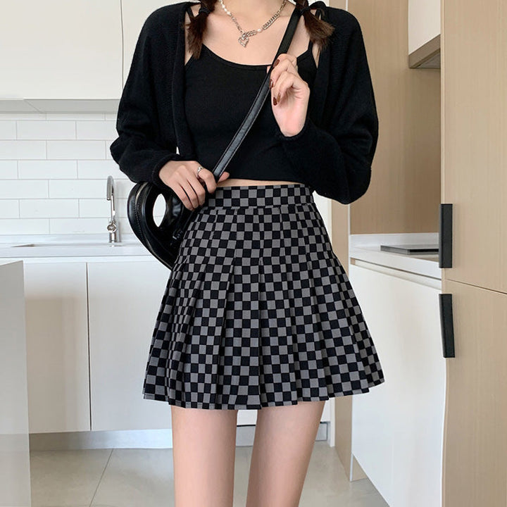 Checkered Print Pleated Skirt - Vedlit