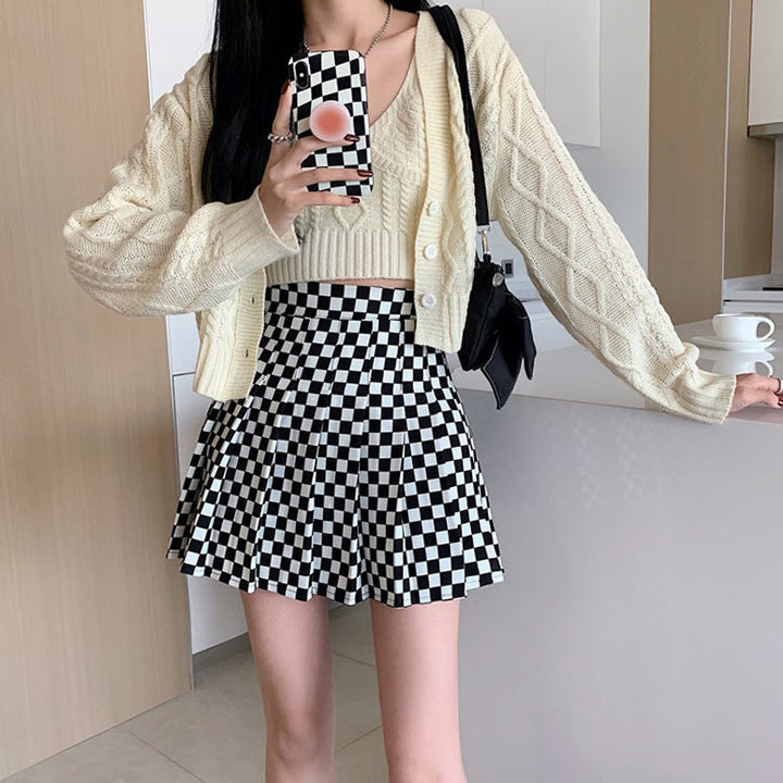 Checkered Print Pleated Skirt - Vedlit