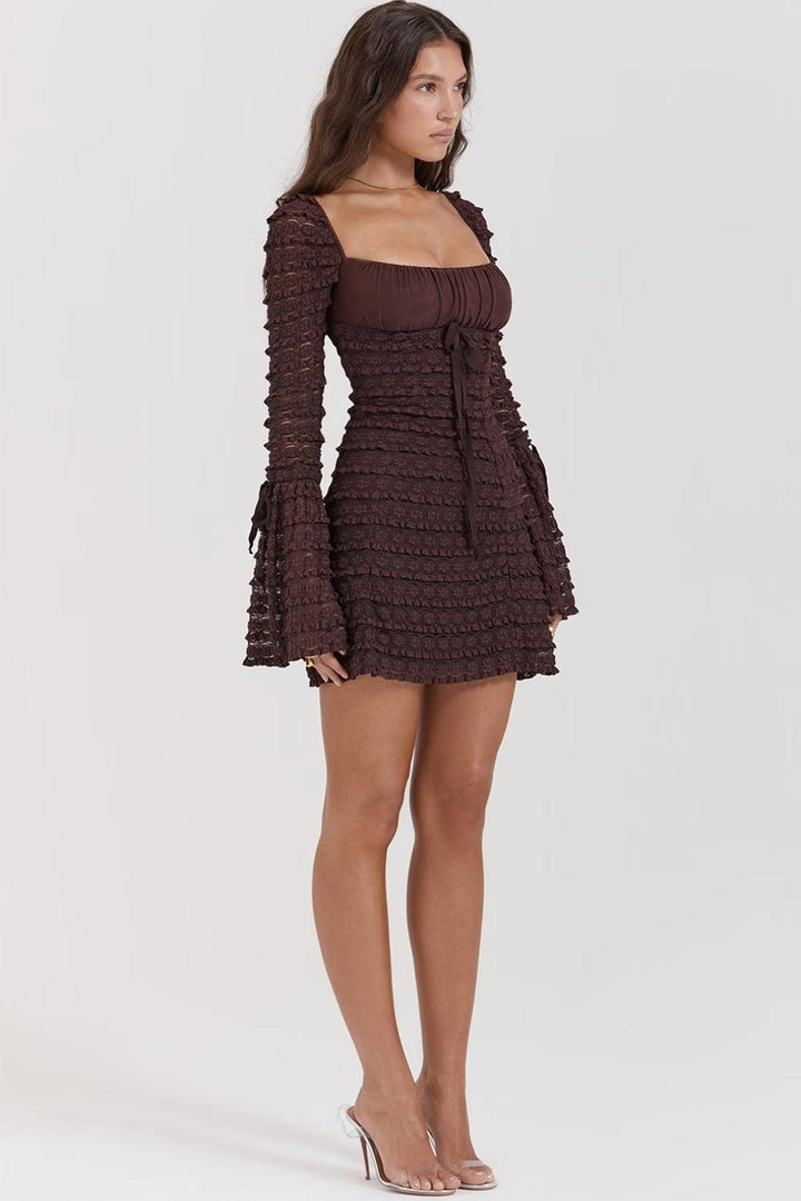 Coffee Ruched Mini Dress - Vedlit