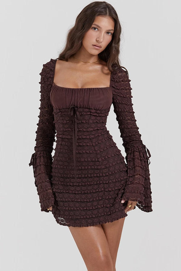 Coffee Ruched Mini Dress - Vedlit