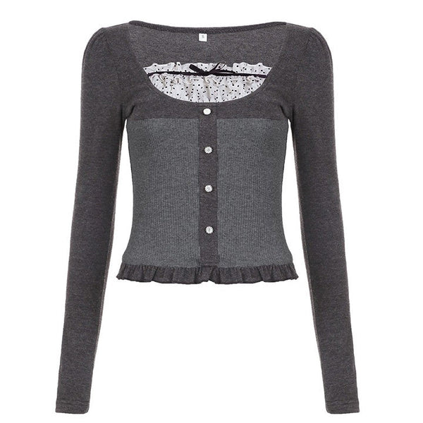 Coquette Aesthetic Grey Long Sleeve Top - Vedlit