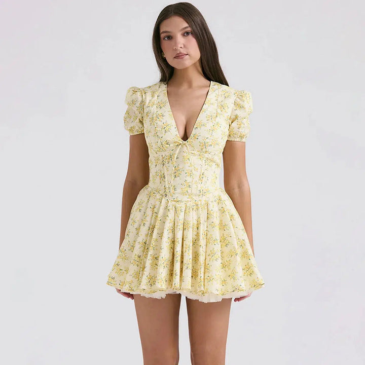 Cottagecore Floral Plunge Neck Mini Dress - Vedlit