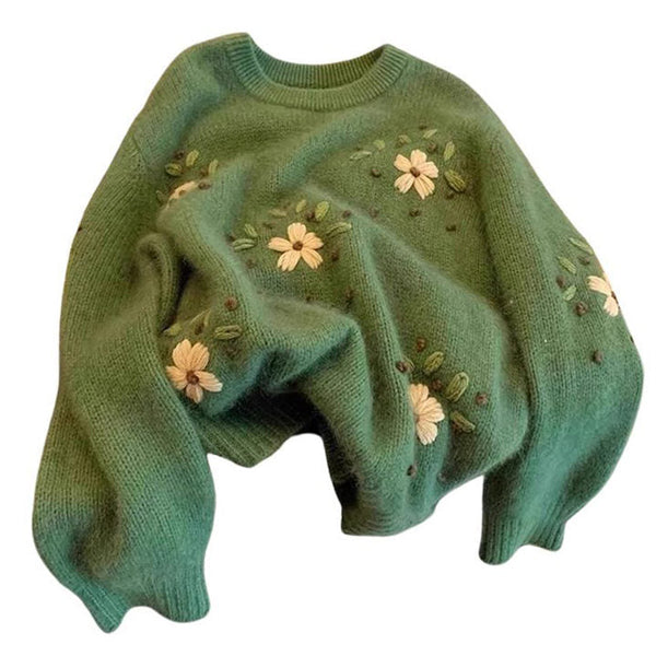 Cottagecore Floral Embroidery Green Sweater - Vedlit