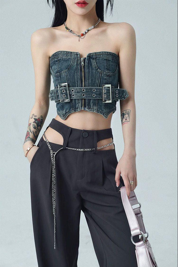 Cowgirl Crop Denim Tube Top - Vedlit