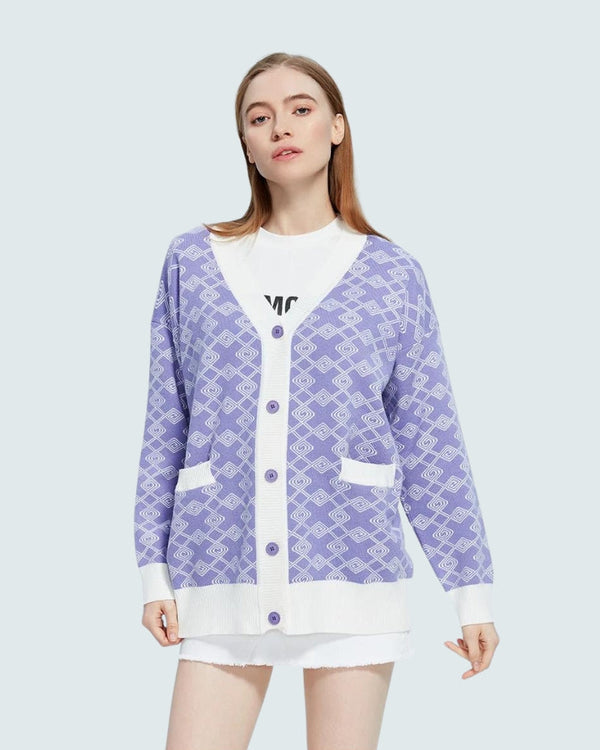 Cross Pattern Buttoned Purple Cardigan - Vedlit