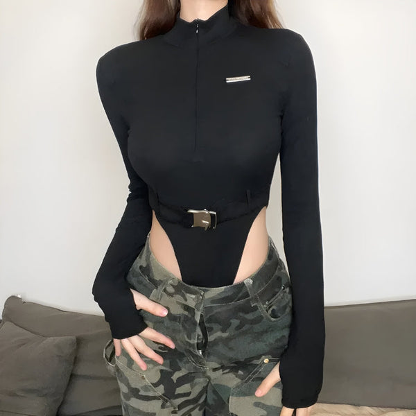 Cyberpunk Belted Corduroy Bodysuit - Vedlit