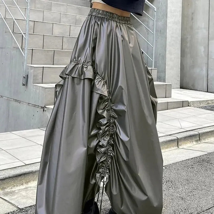 Cyberpunk Ruched Parachute Maxi Skirt - Vedlit