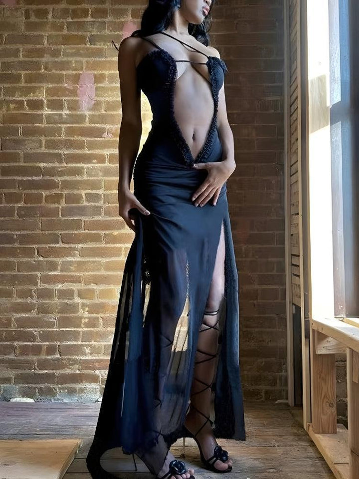 Deep Plunge Slit Maxi Dress - Vedlit