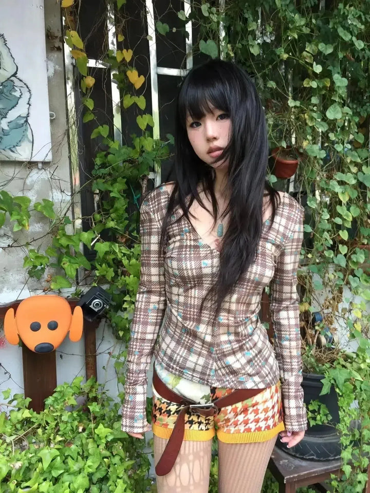 Deep V Neck Plaid Top - Vedlit