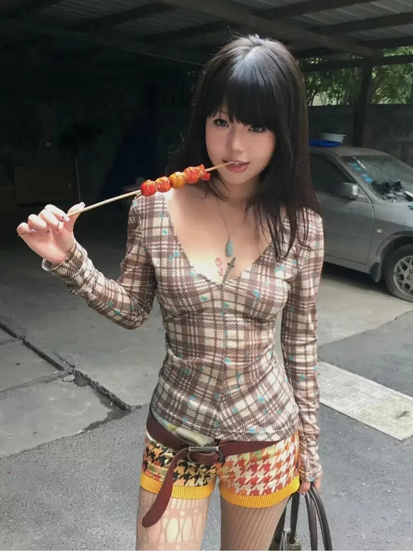 Deep V Neck Plaid Top - Vedlit