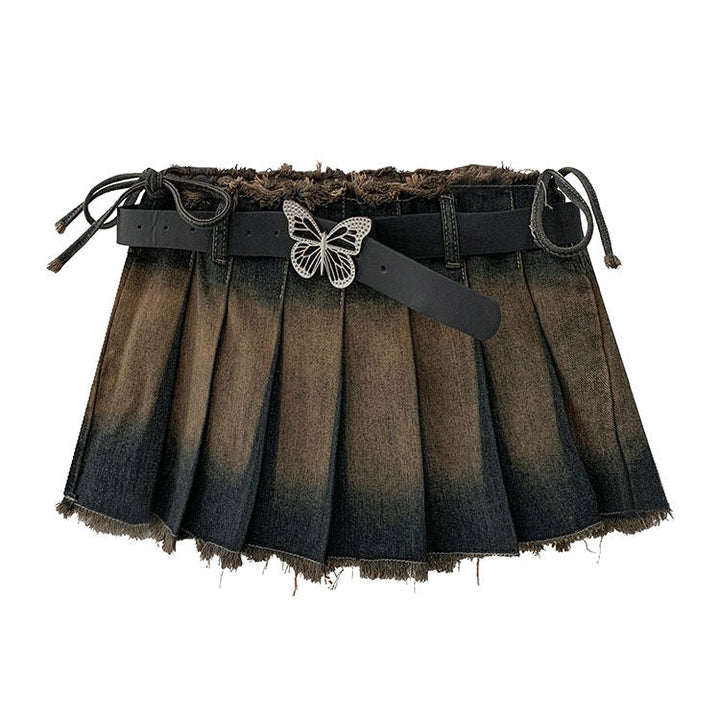 Denim Distressed Pleated Mini Skirt - Vedlit