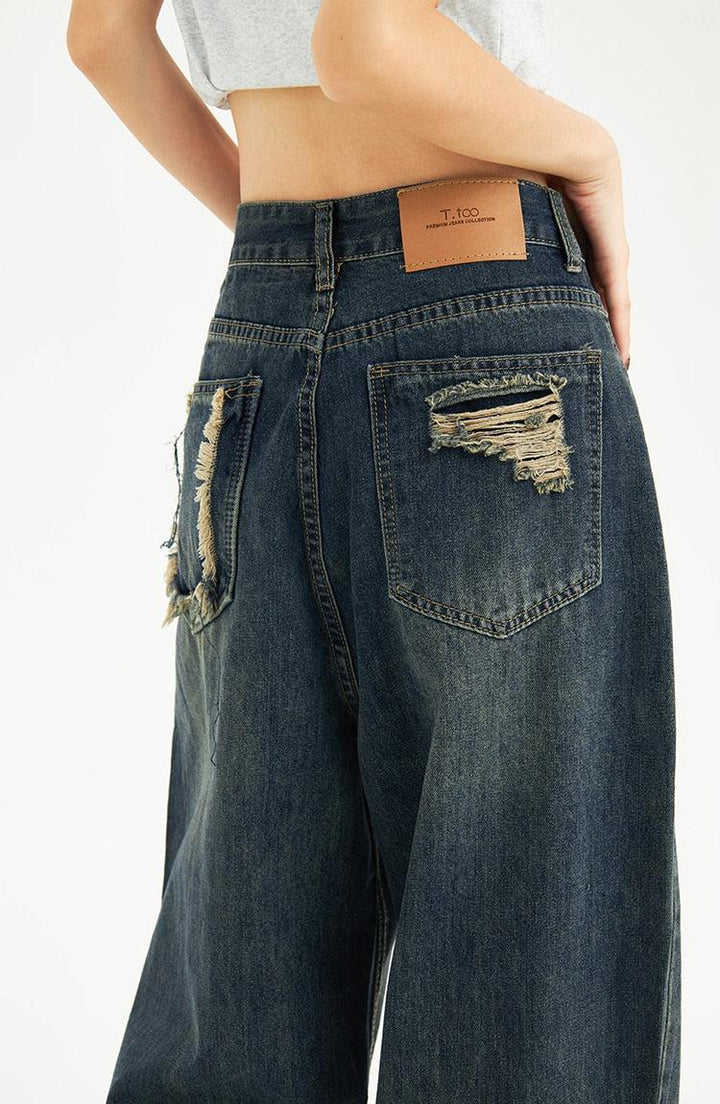 Distressed Pockets Wide Leg Baggy Jeans - Vedlit