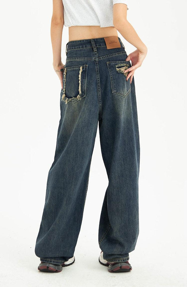 Distressed Pockets Wide Leg Baggy Jeans - Vedlit