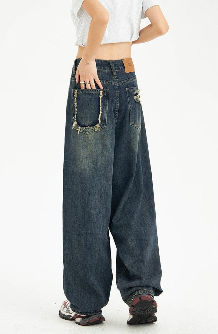 Distressed Pockets Wide Leg Baggy Jeans - Vedlit