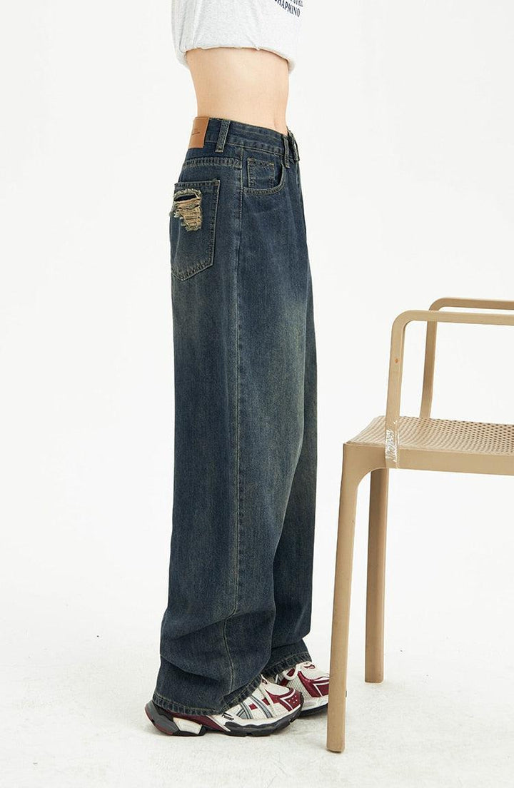 Distressed Pockets Wide Leg Baggy Jeans - Vedlit