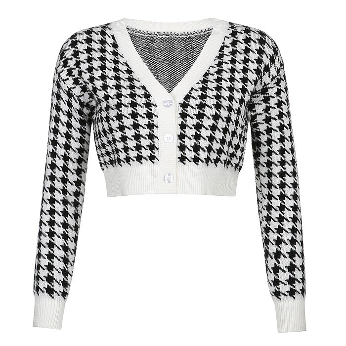 Dogtooth Check Crop Cardigan - Vedlit