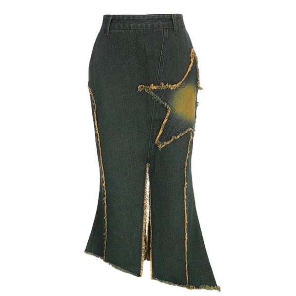 Fairy Grunge Long Denim Skirt - Vedlit