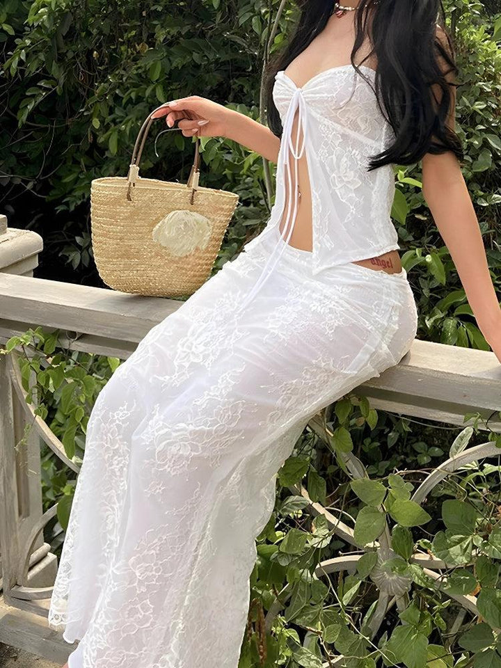 Fairycore Lace Strapless Top & Maxi Skirt Two Piece Set - Vedlit