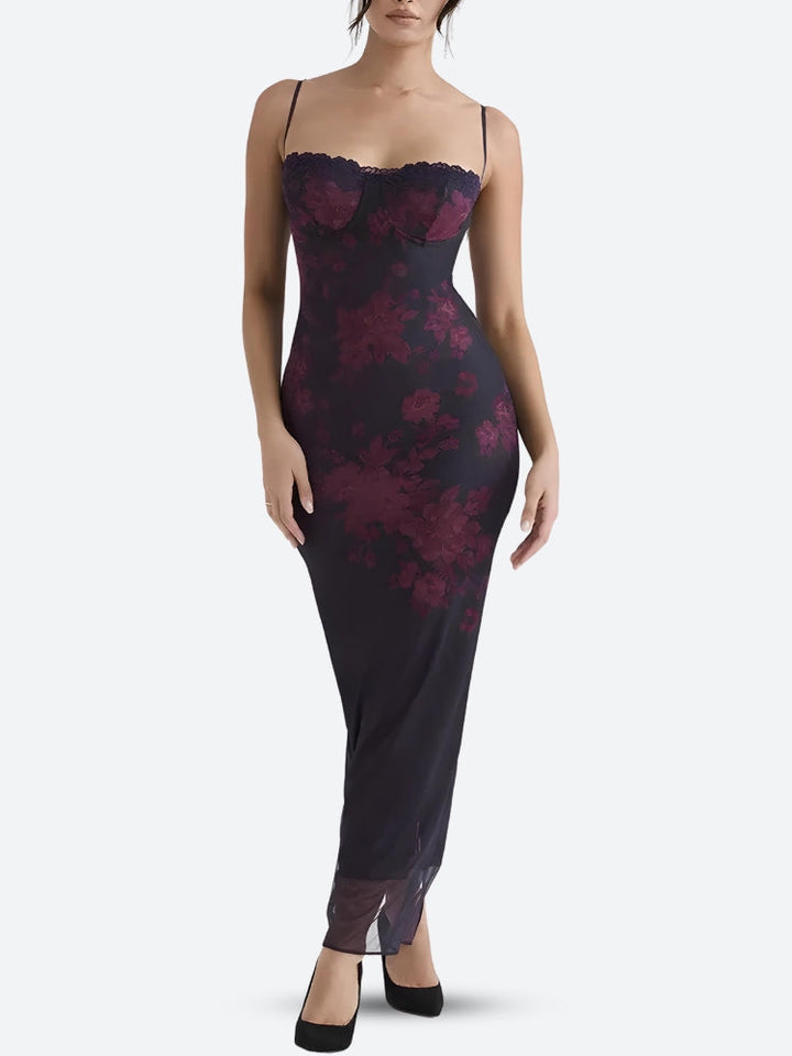 Floral Bodycon Lace Up Mesh Maxi Dress - Vedlit