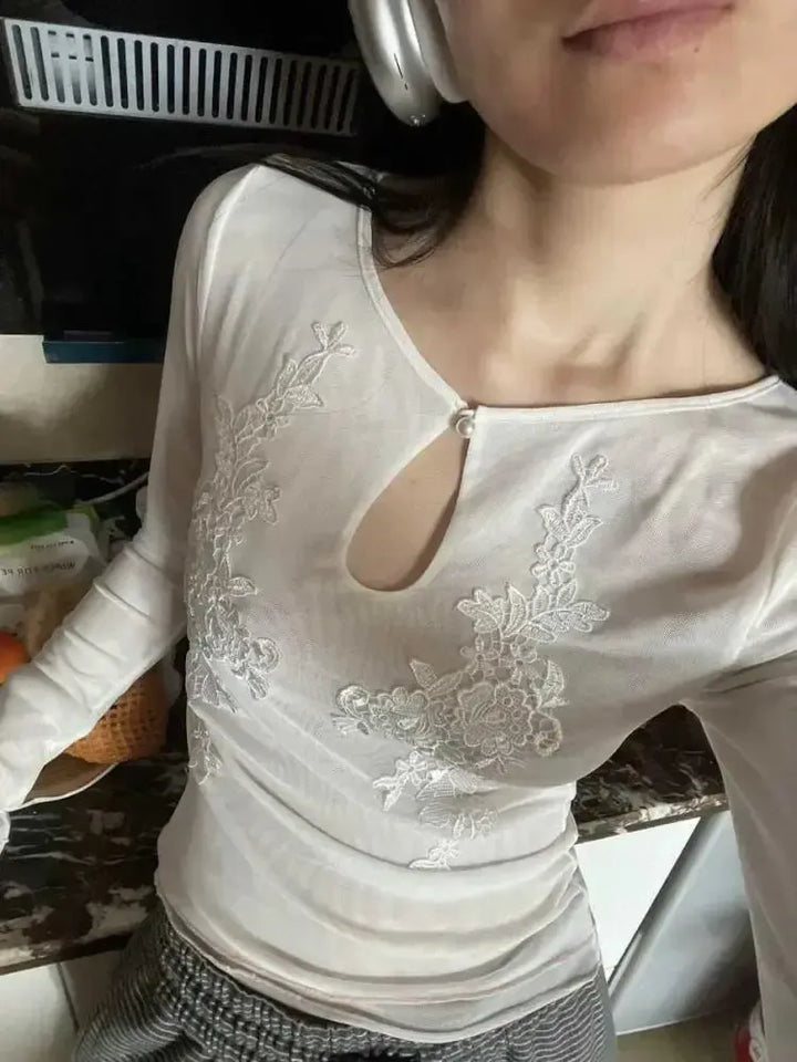 Floral Embroidered Mesh Top - Vedlit