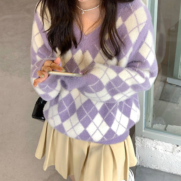 Fuzzy Argyle Sweater - Vedlit