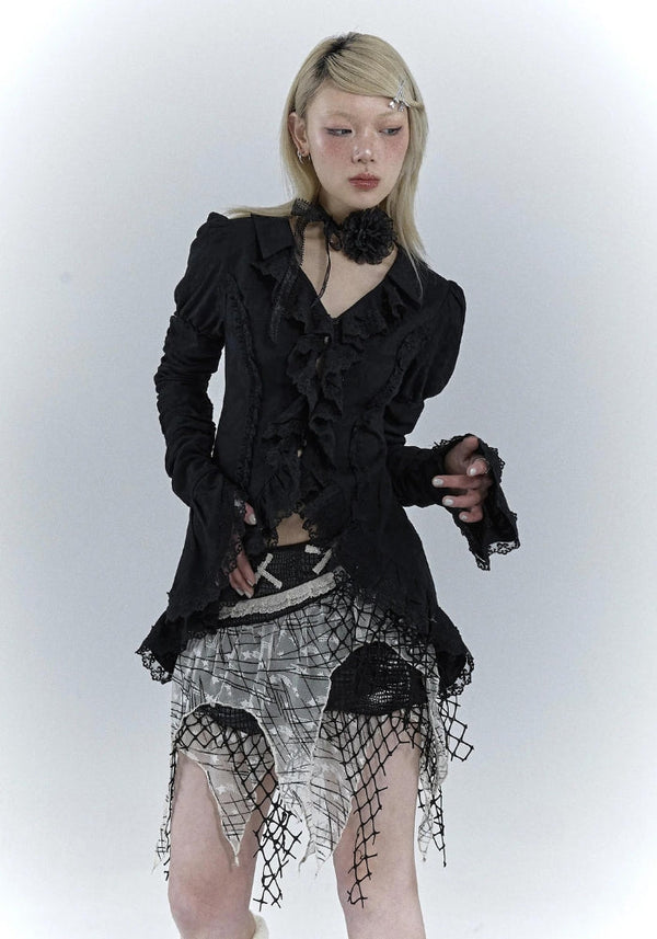 Goth Asymmetric Ruched Sleeve Blouse - Vedlit