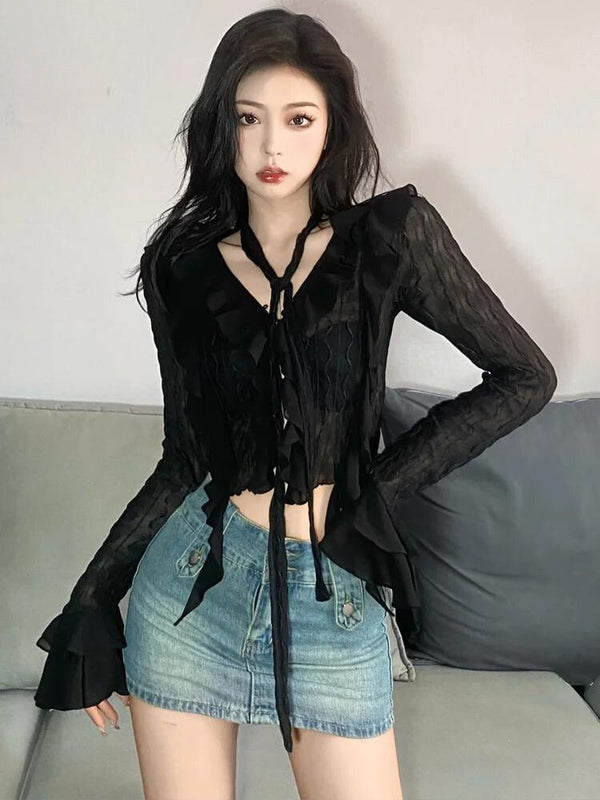 Goth Sheer Ruffled Blouse - Vedlit