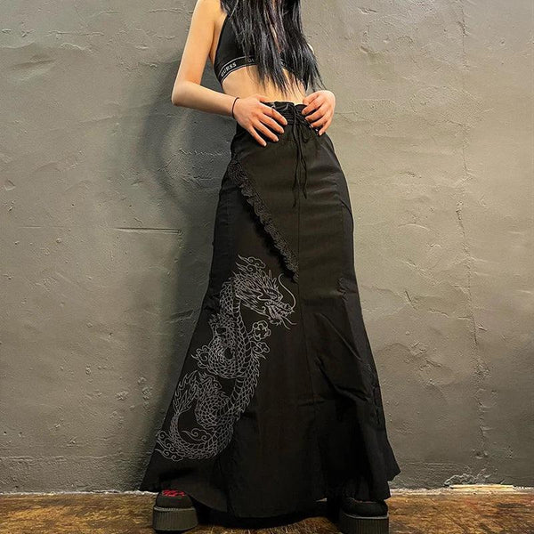 Gothic Dragon Printed Maxi Skirt - Vedlit