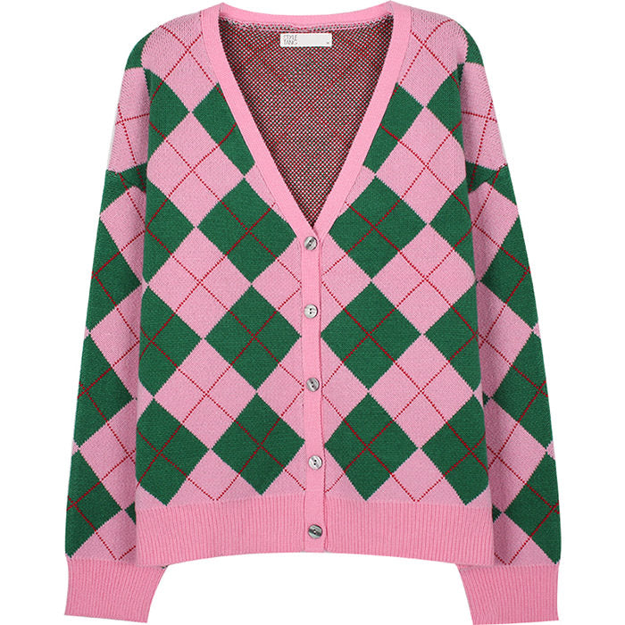 Green & Pink Argyle Pattern Cardigan - Vedlit