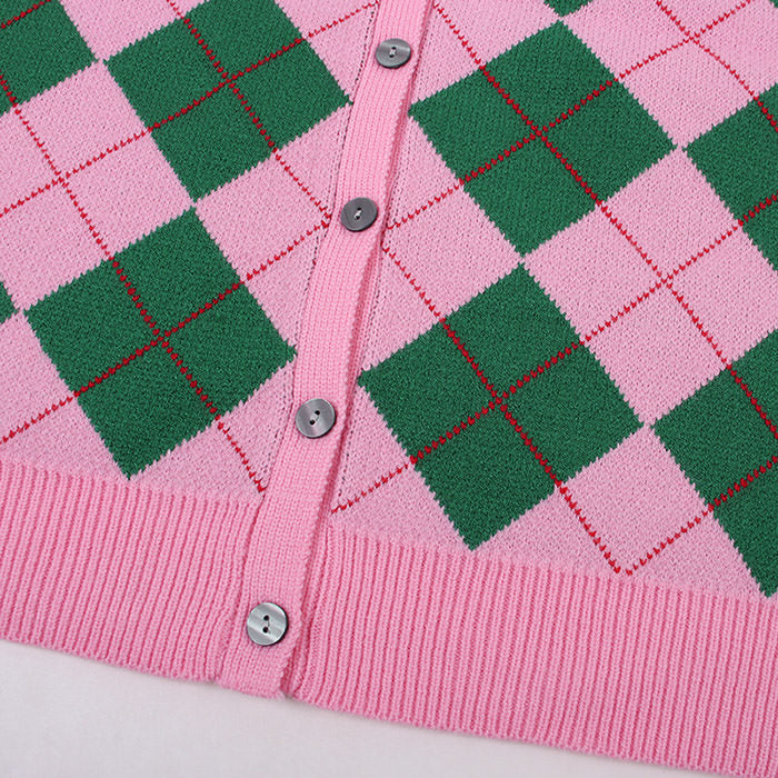 Green & Pink Argyle Pattern Cardigan - Vedlit