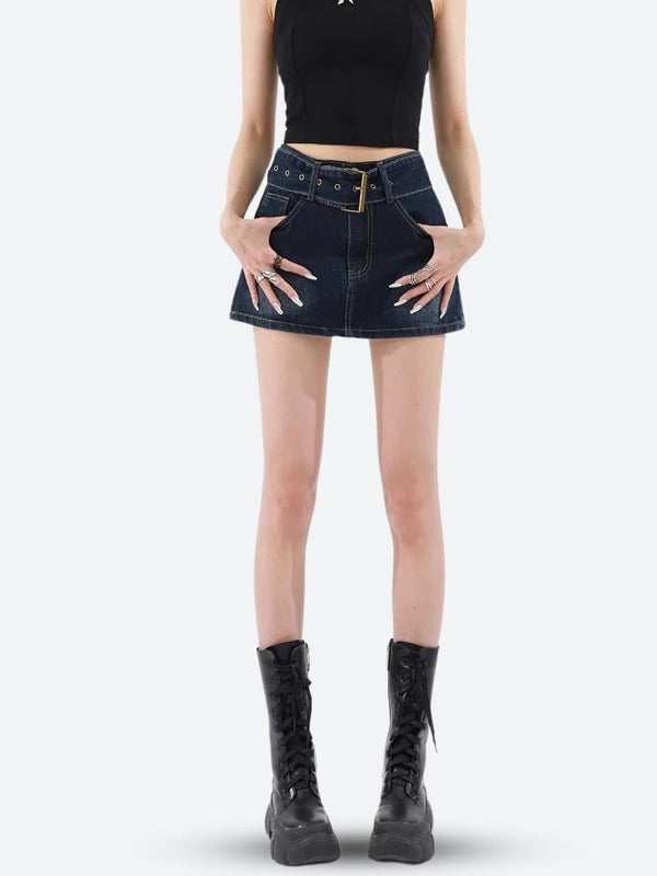 Grunge Belted Denim Mini Skirt - Vedlit