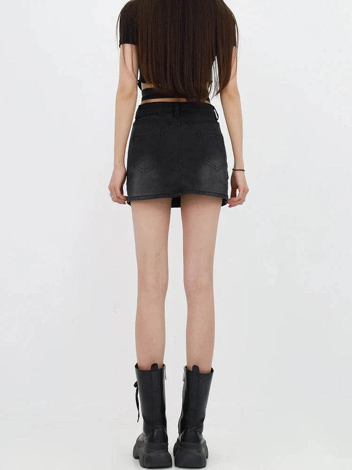 Grunge Denim Cross Belt Mini Skort - Vedlit