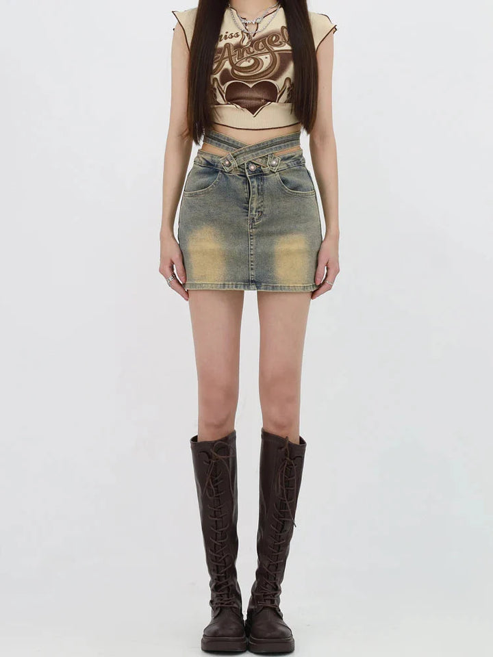 Grunge Denim Cross Belt Mini Skort - Vedlit