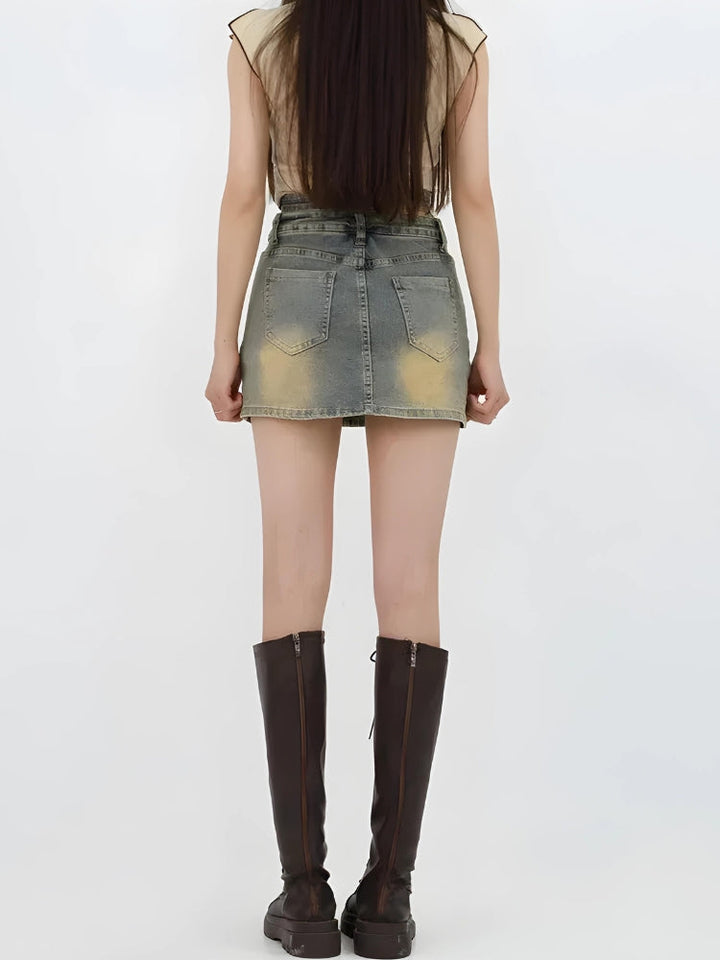 Grunge Denim Cross Belt Mini Skort - Vedlit