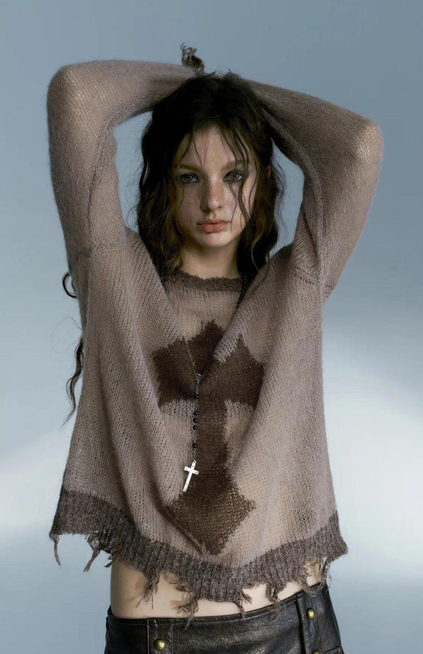 Grunge Distressed Cross Sweater - Vedlit