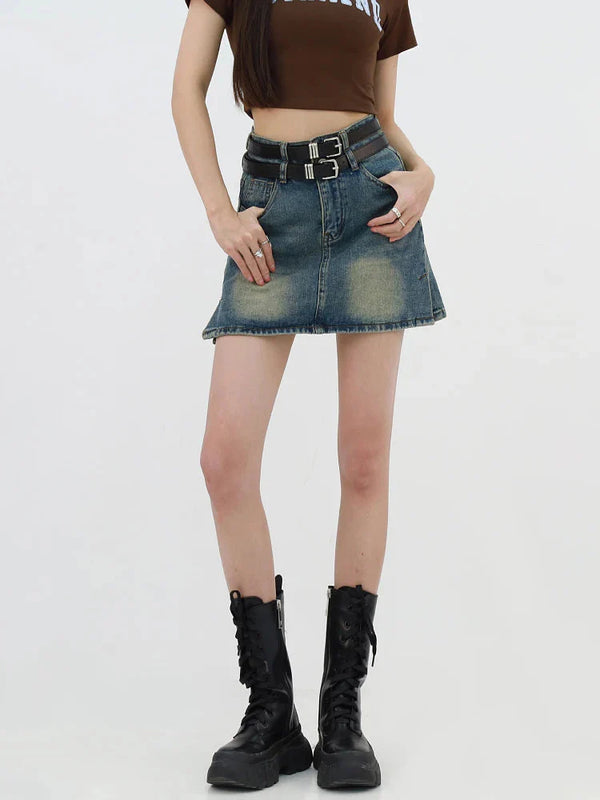 Grunge Double Belt Loop Denim Mini Skirt - Vedlit