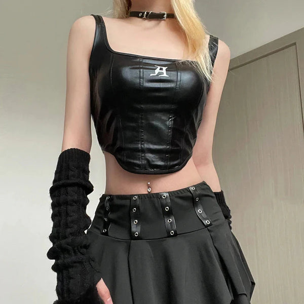 Grunge Faux Leather Crop Corset Top - Vedlit