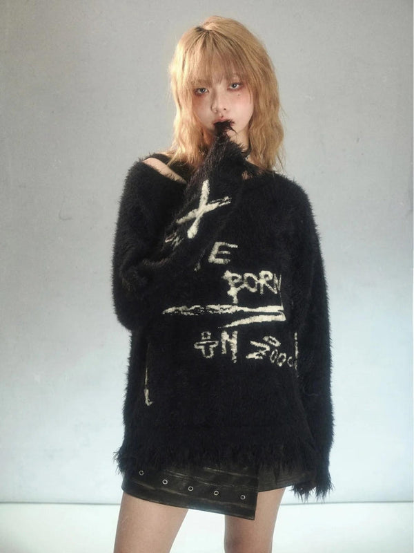 Grunge Fluffy Knitted Sweater - Vedlit