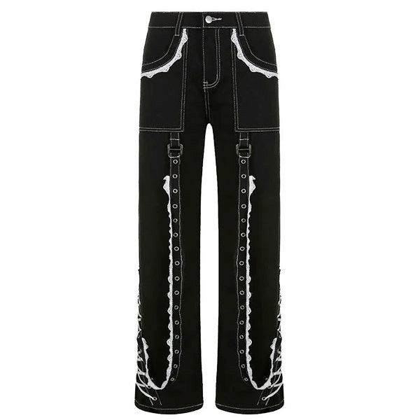 Grunge Lace Up Baggy Jeans - Vedlit