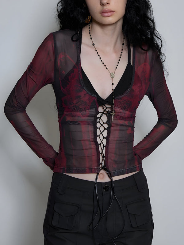 Grunge Lace Up Sheer Top - Vedlit