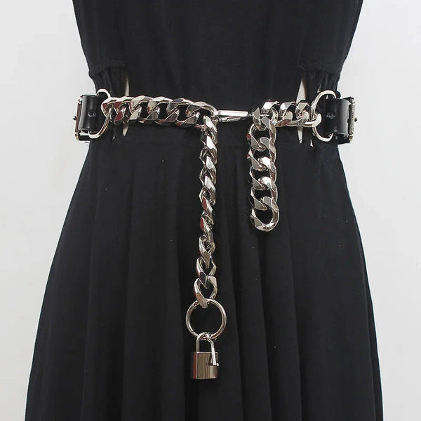 Grunge Lock Faux Leather Chain Belt - Vedlit