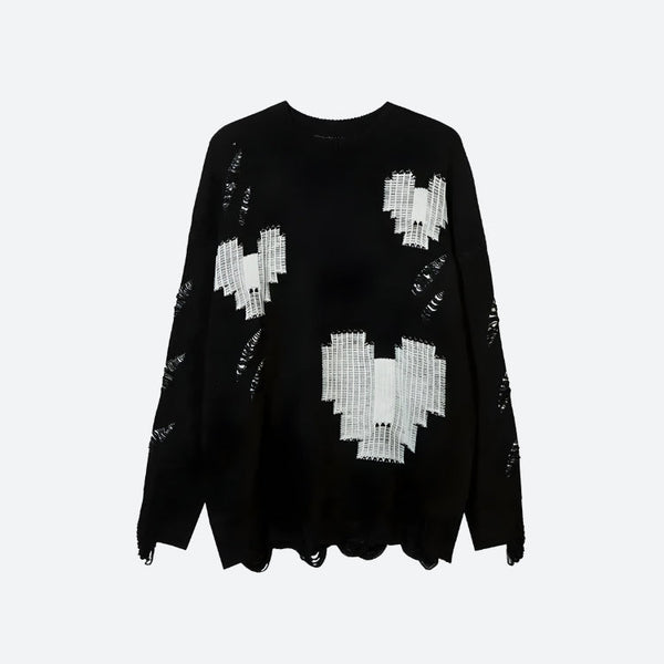 Grunge Pixel Hearts Knitted Sweater - Vedlit