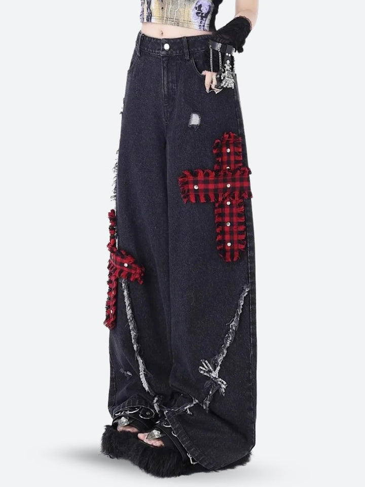 Grunge Plaid Cross Patch Jeans - Vedlit