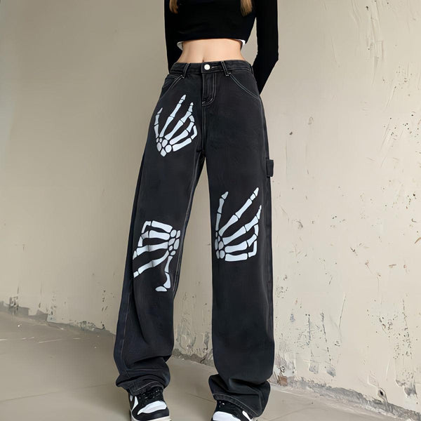 Grunge Skeleton Hand Printed Jeans - Vedlit