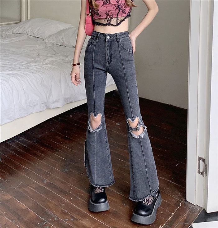 Heart Cut Out Grunge Flare Jeans - Vedlit