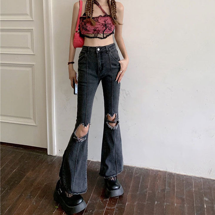 Heart Cut Out Grunge Flare Jeans - Vedlit