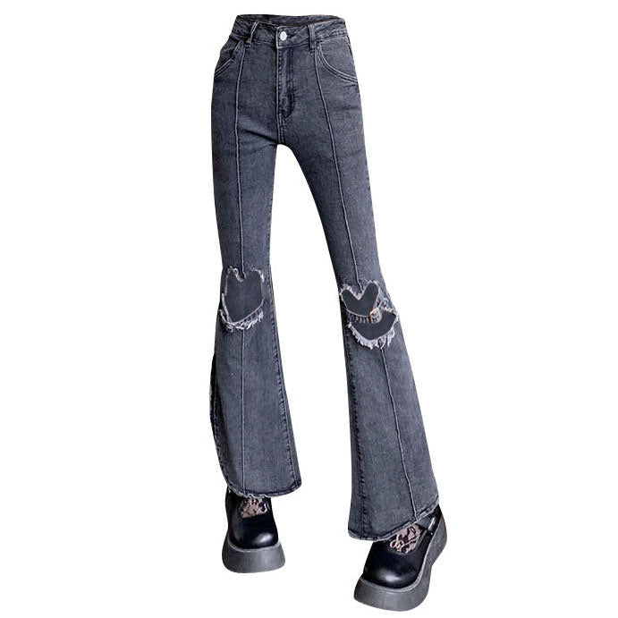 Heart Cut Out Grunge Flare Jeans - Vedlit