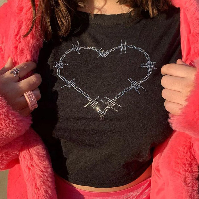 Barbed Heart Rhinestone Crop Top - Vedlit